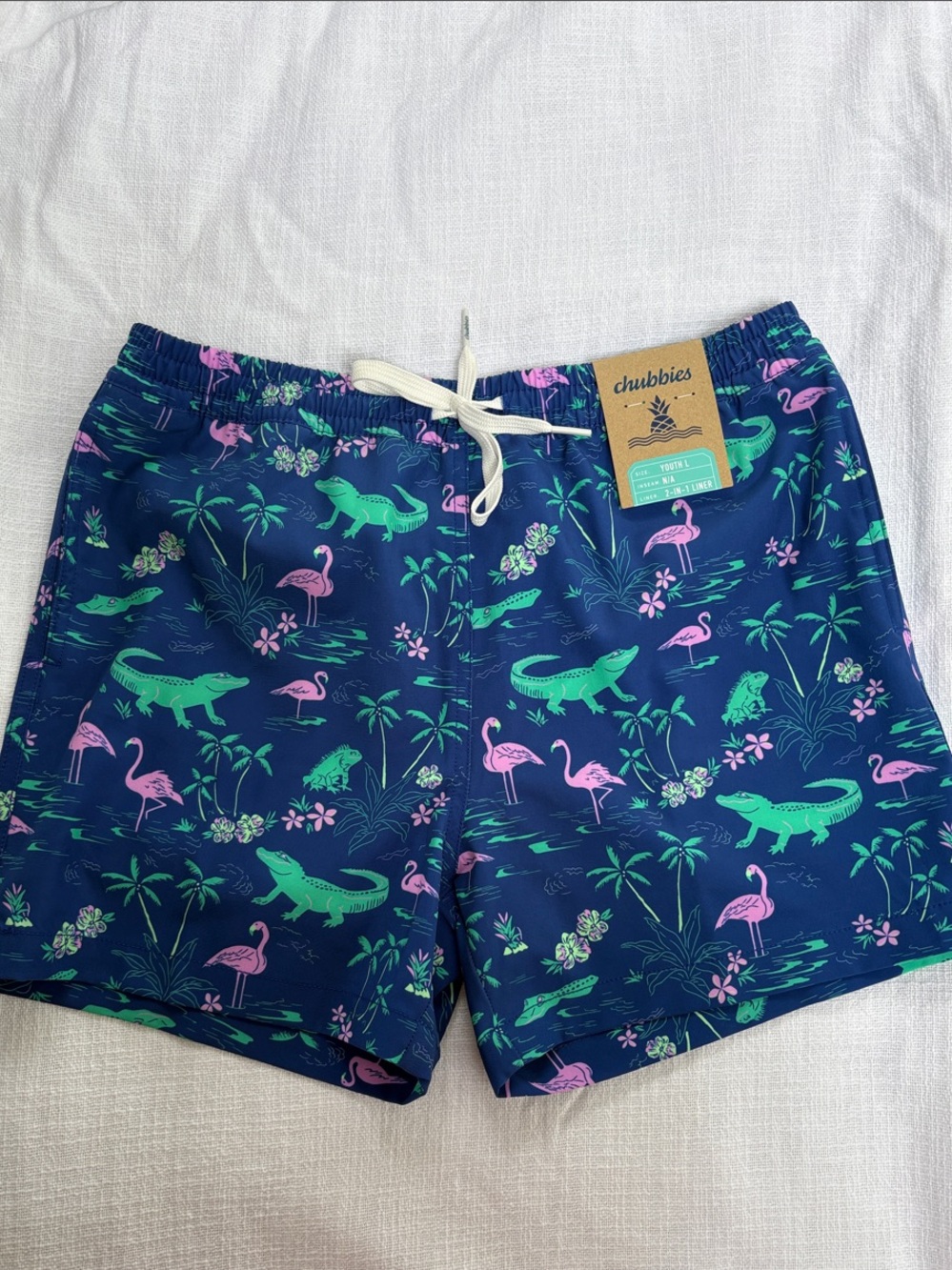 chubbies Navy Swim Trunks with Pink Flamingos & Green Alligators